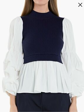 Anthropologie Navy Ribbed Mock-Neck Shell over White Peasant Blouse